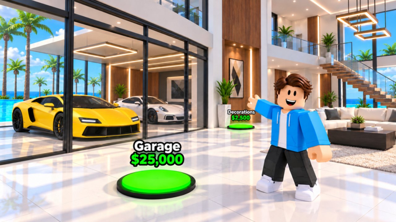 Roblox avatar in a Mansion Tycoon lobby beside a garage button, yellow supercar, and white sports car