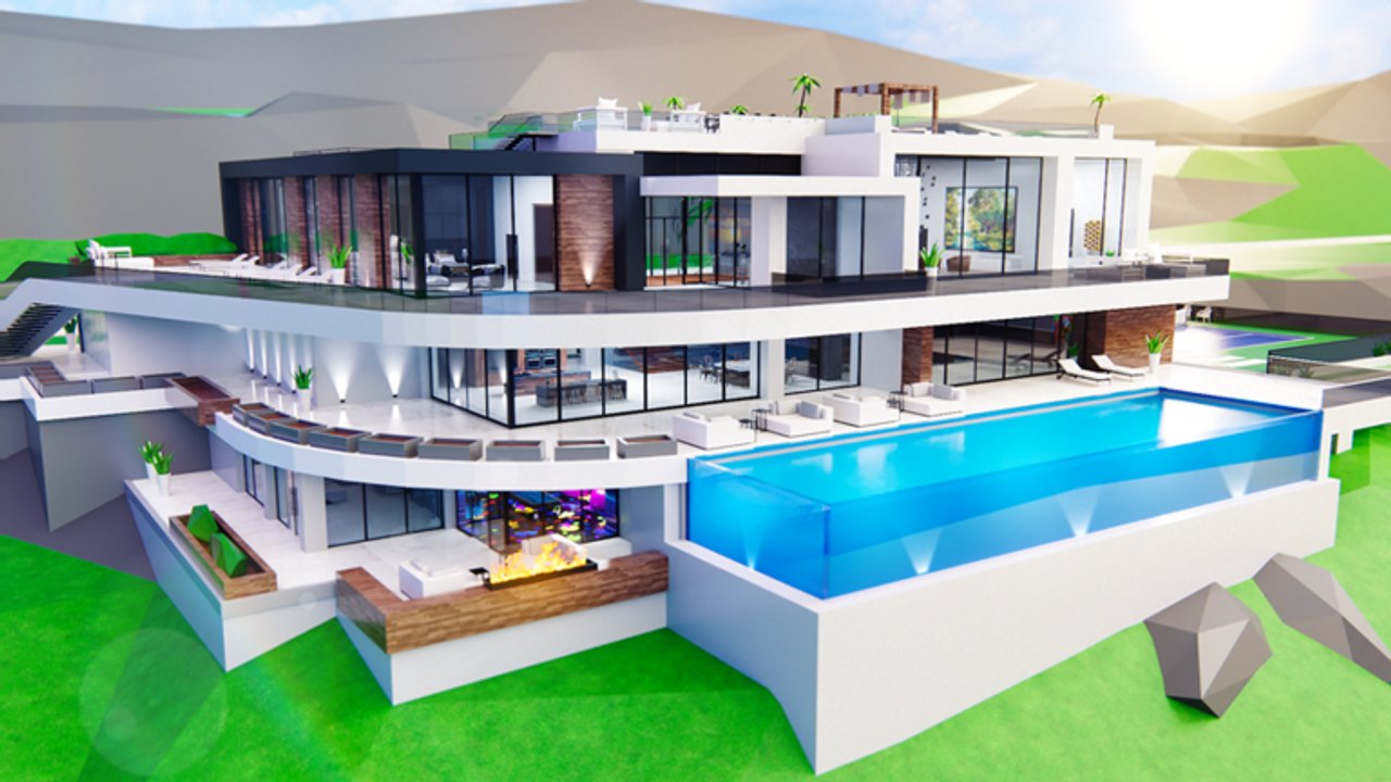 Completed modern hillside mansion with glass walls and infinity pool in Mansion Tycoon